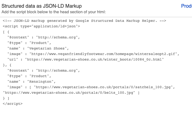 Structured data as JSON-LD markup for vegan shoes