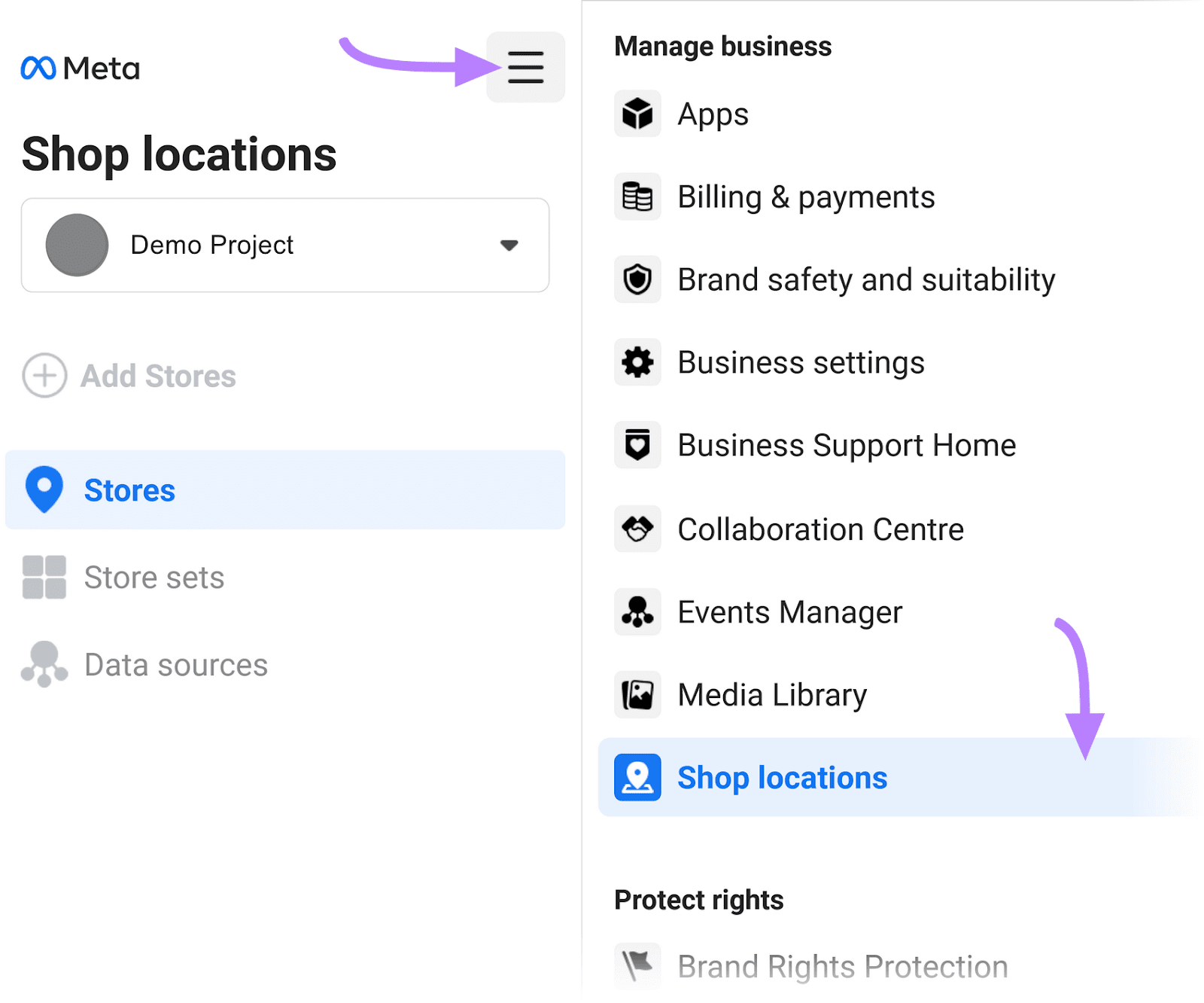 “Shop locations" selected from the "Manage business" menu options