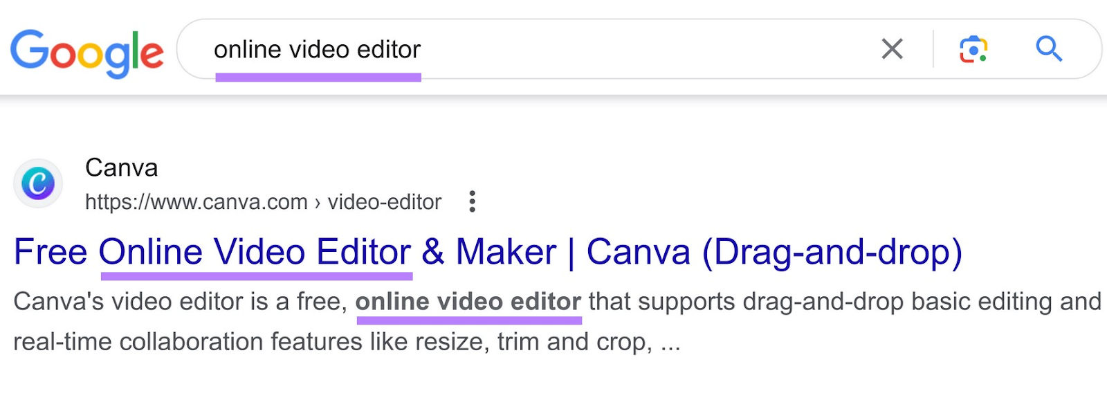 Google SERP with the term "online video editor" entered and the phrase highlighted in the title and description of the first result.