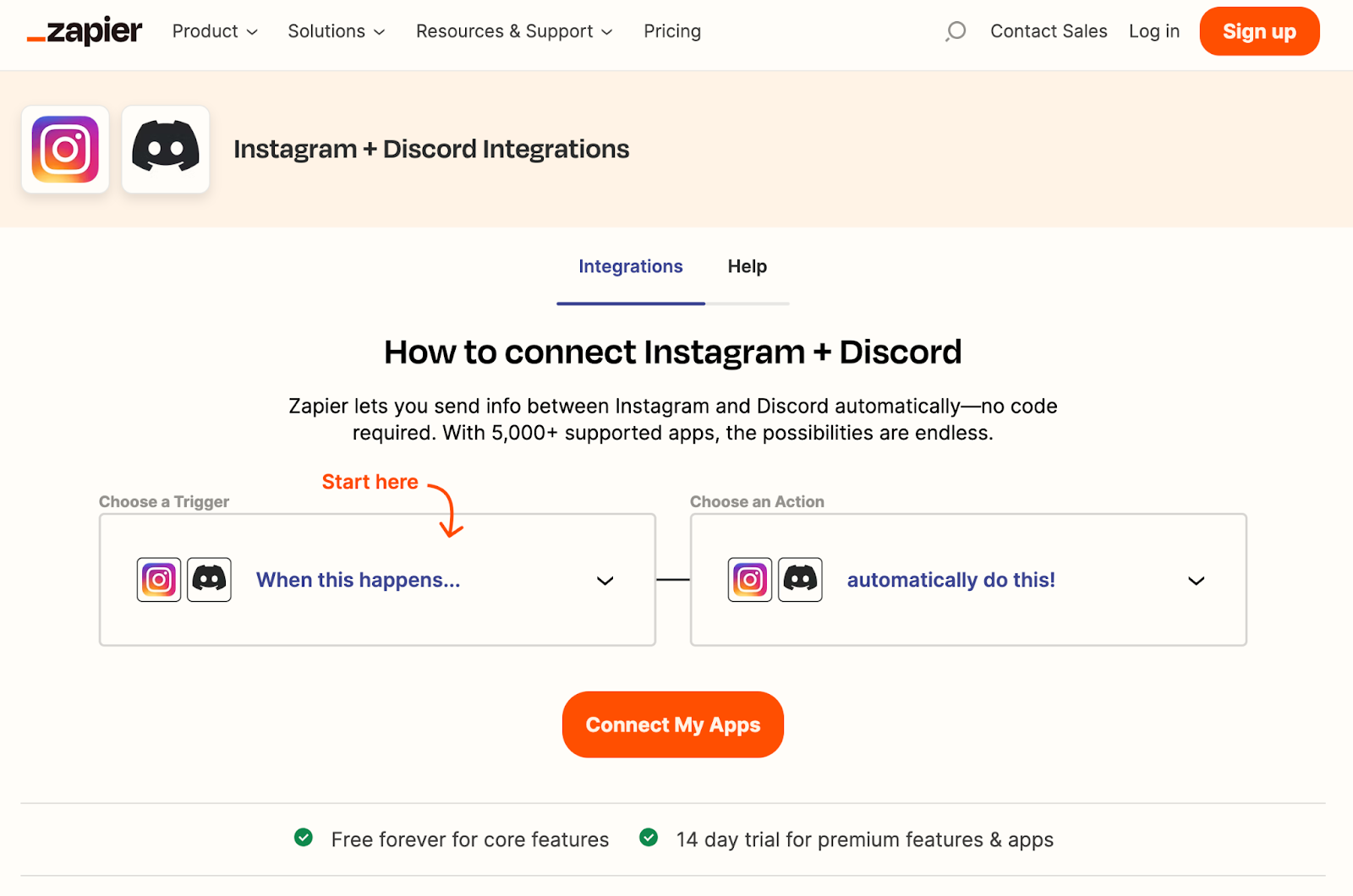 Zapier's "How to connect Instagram + Discord" page