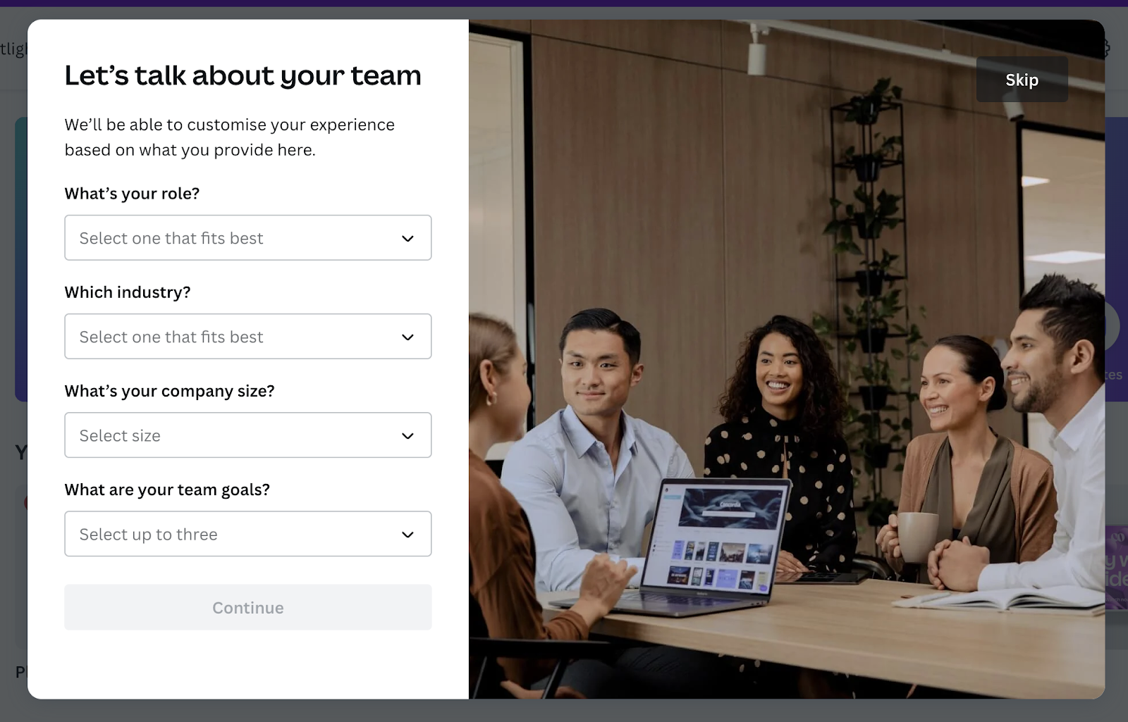 "Let's talk about your team" form in Canva