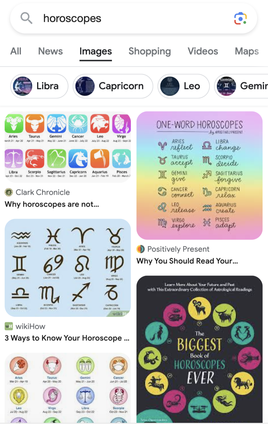 Google “Images” results for "horoscopes" on mobile device