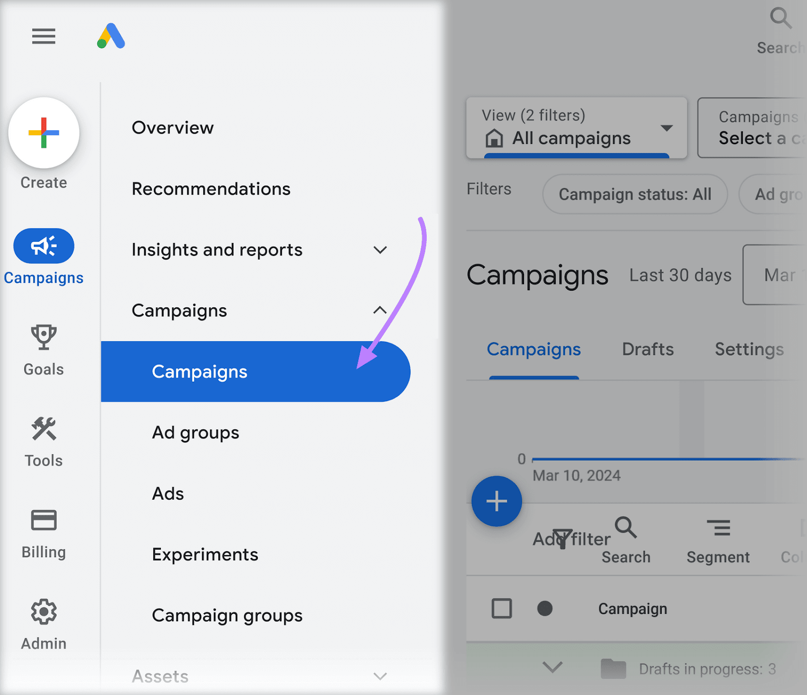 “Campaigns” tab in Google Ads