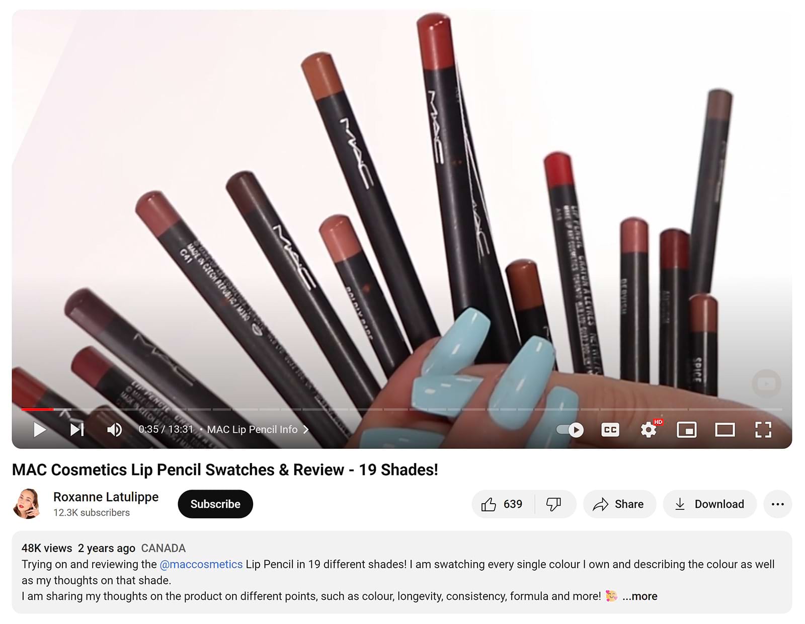 YouTube video about MAC cosmetics lip pencils by Roxanne Latulippe without sponsorships or affiliations.