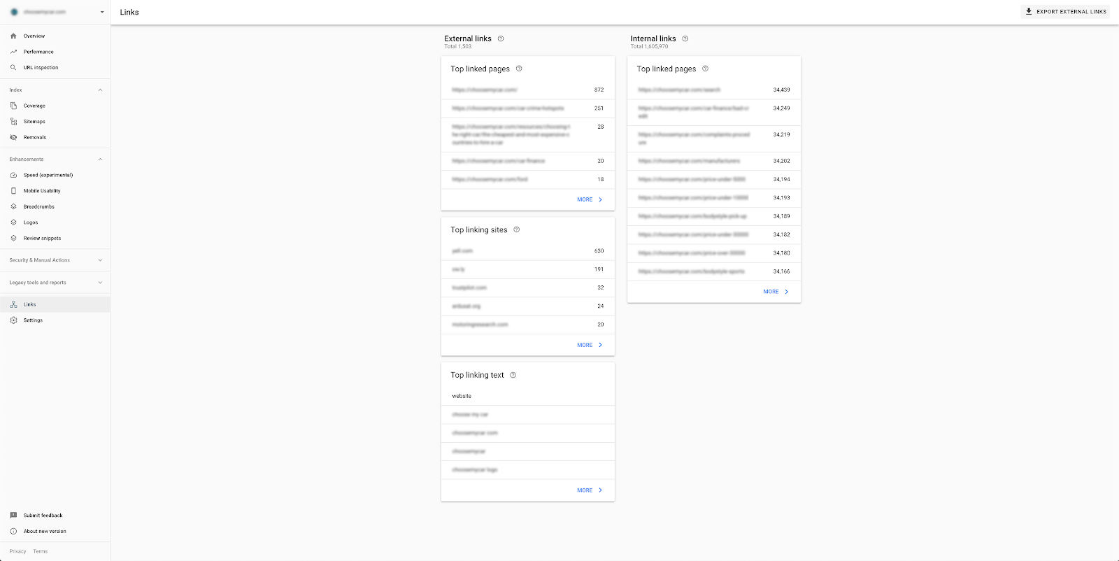 Google search console screenshot with backlink data