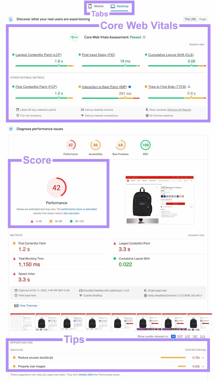 PageSpeed Insights report dashboard