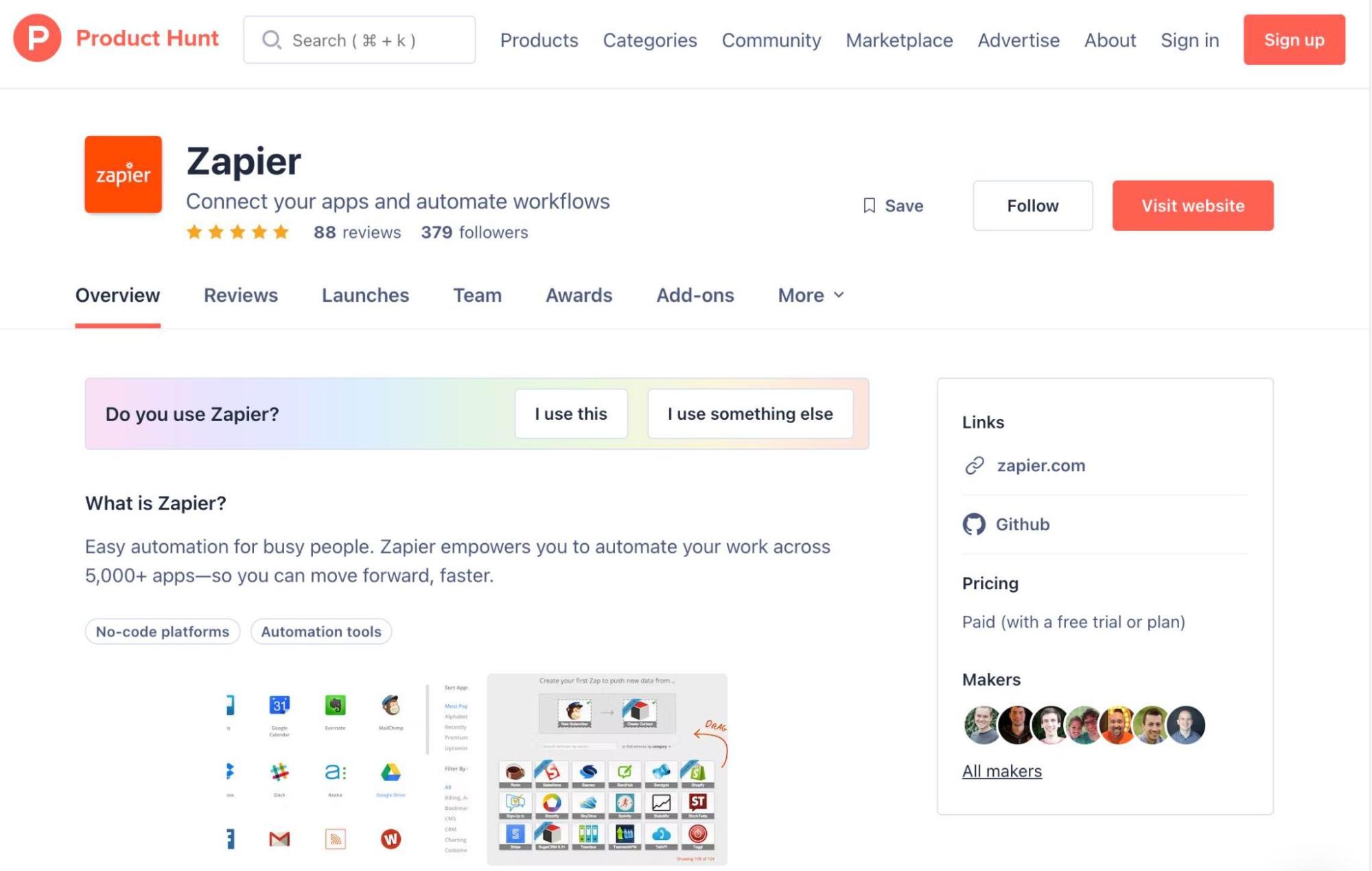 Zapier's overview section on Product Hunt
