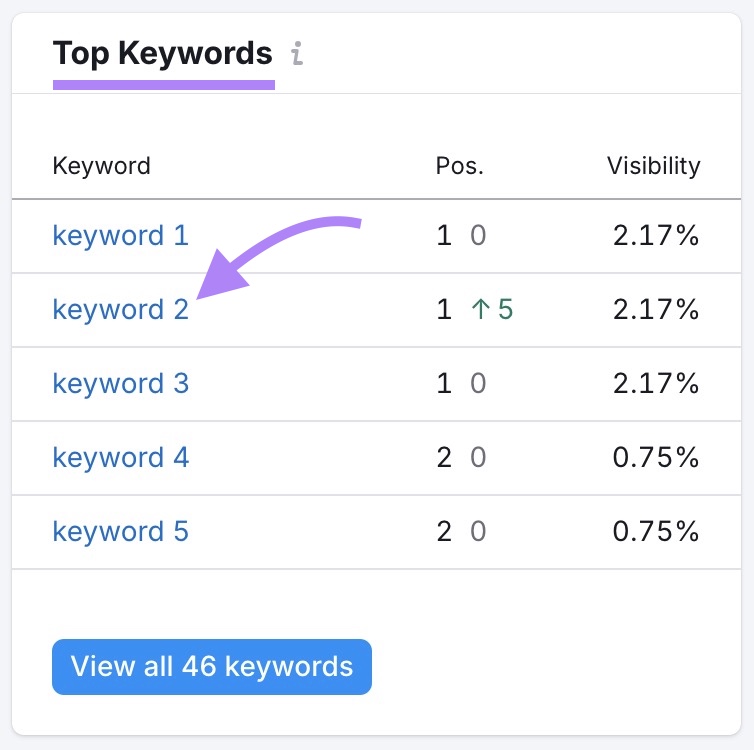Top Keywords section on the Landscape report showing keywords along with their position and visibility.