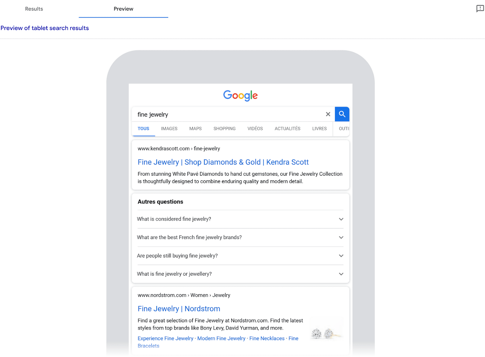Herramienta "Vista previa del anuncio..." que muestra la pantalla de una tableta con una SERP de "joyería fina" para usuarios franceses.