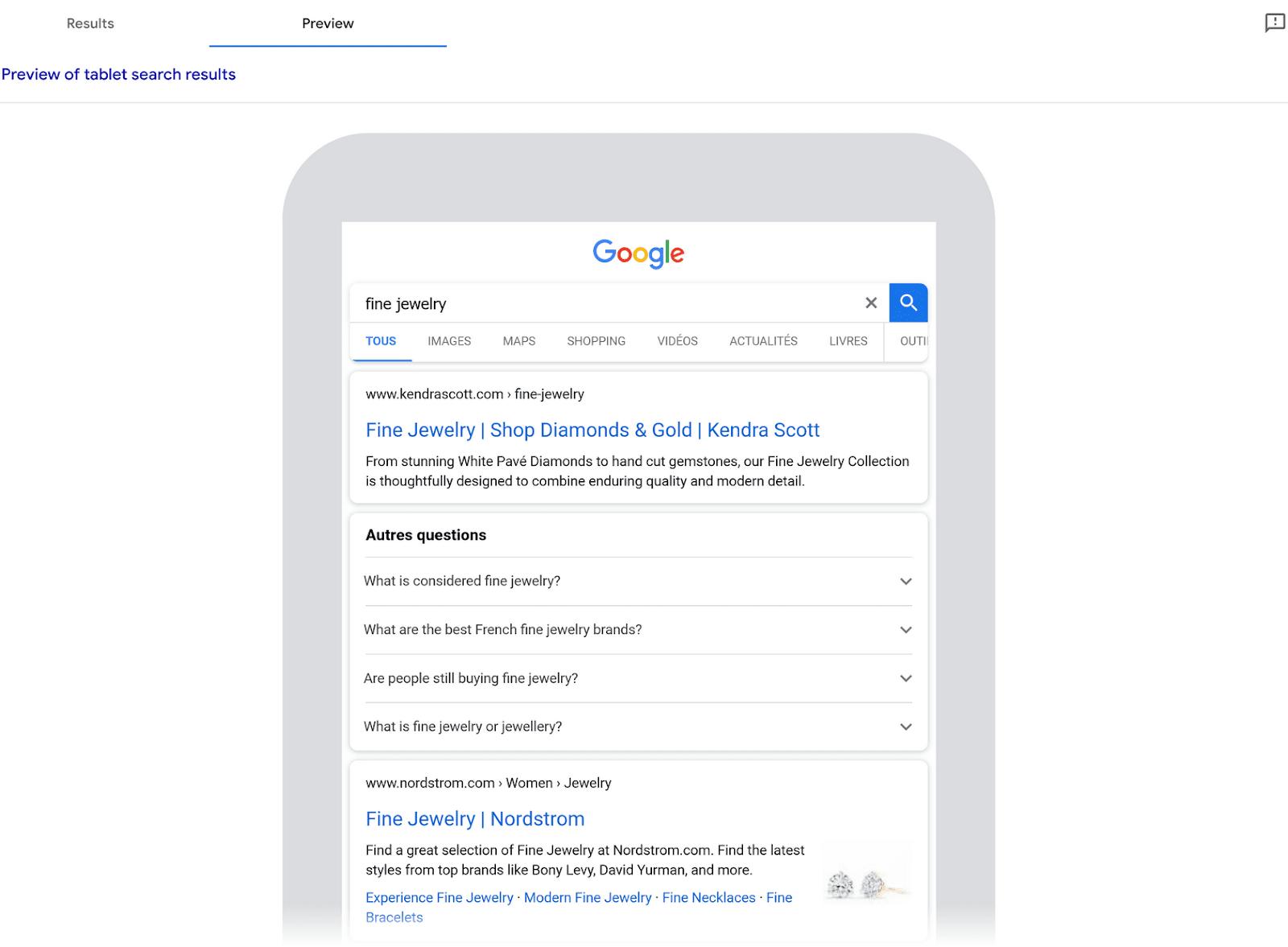"Ad Preview..." instrumentality   showing a tablet surface  displaying a SERP for "fine jewelry" for French users.