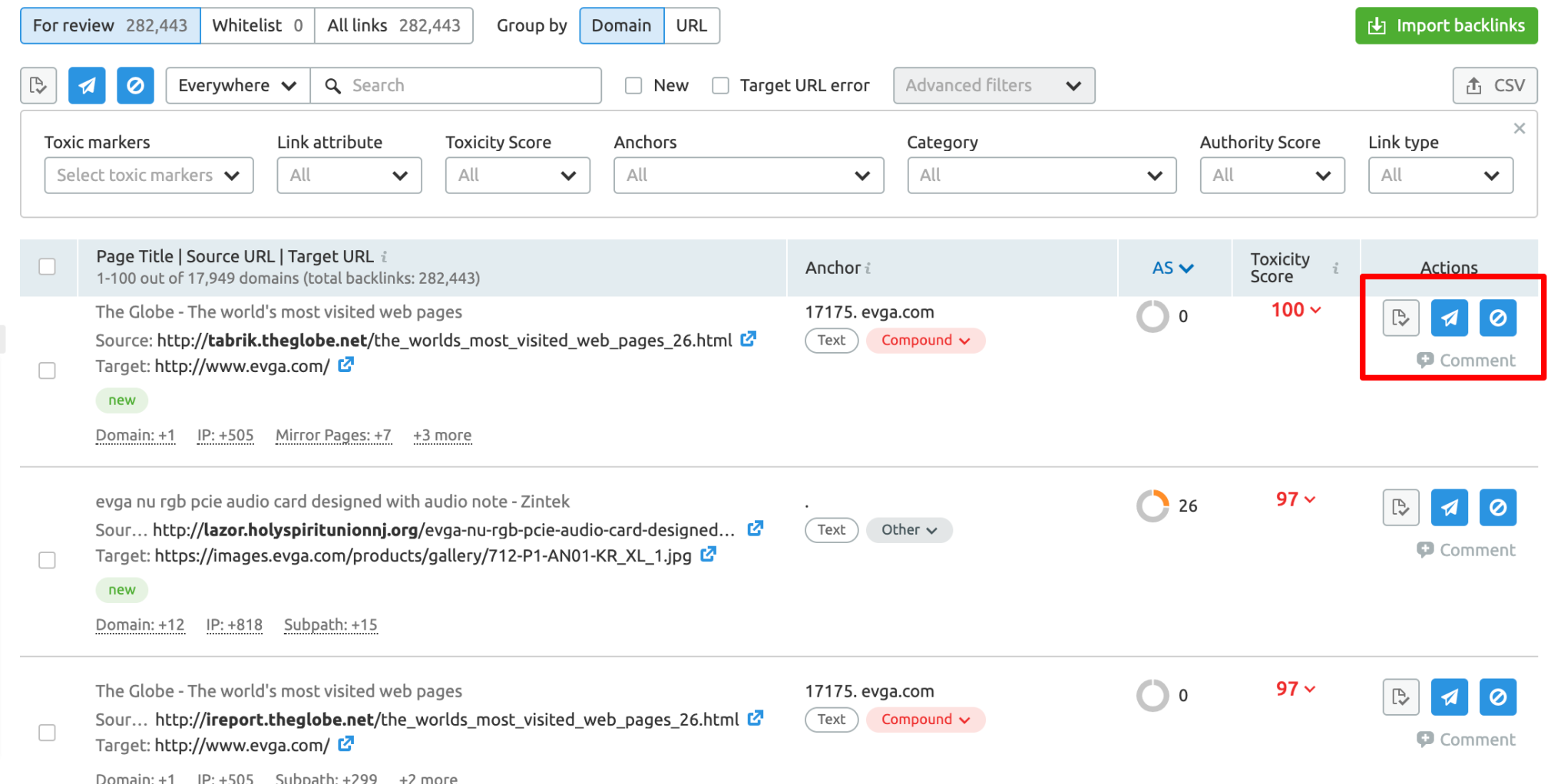 Backlink Audit actions