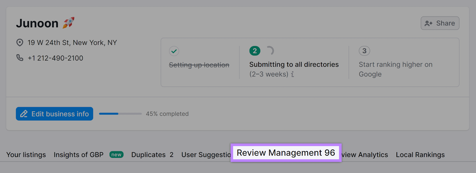 Semrush Listing Management tool with location selected and Review Management tab highlighted