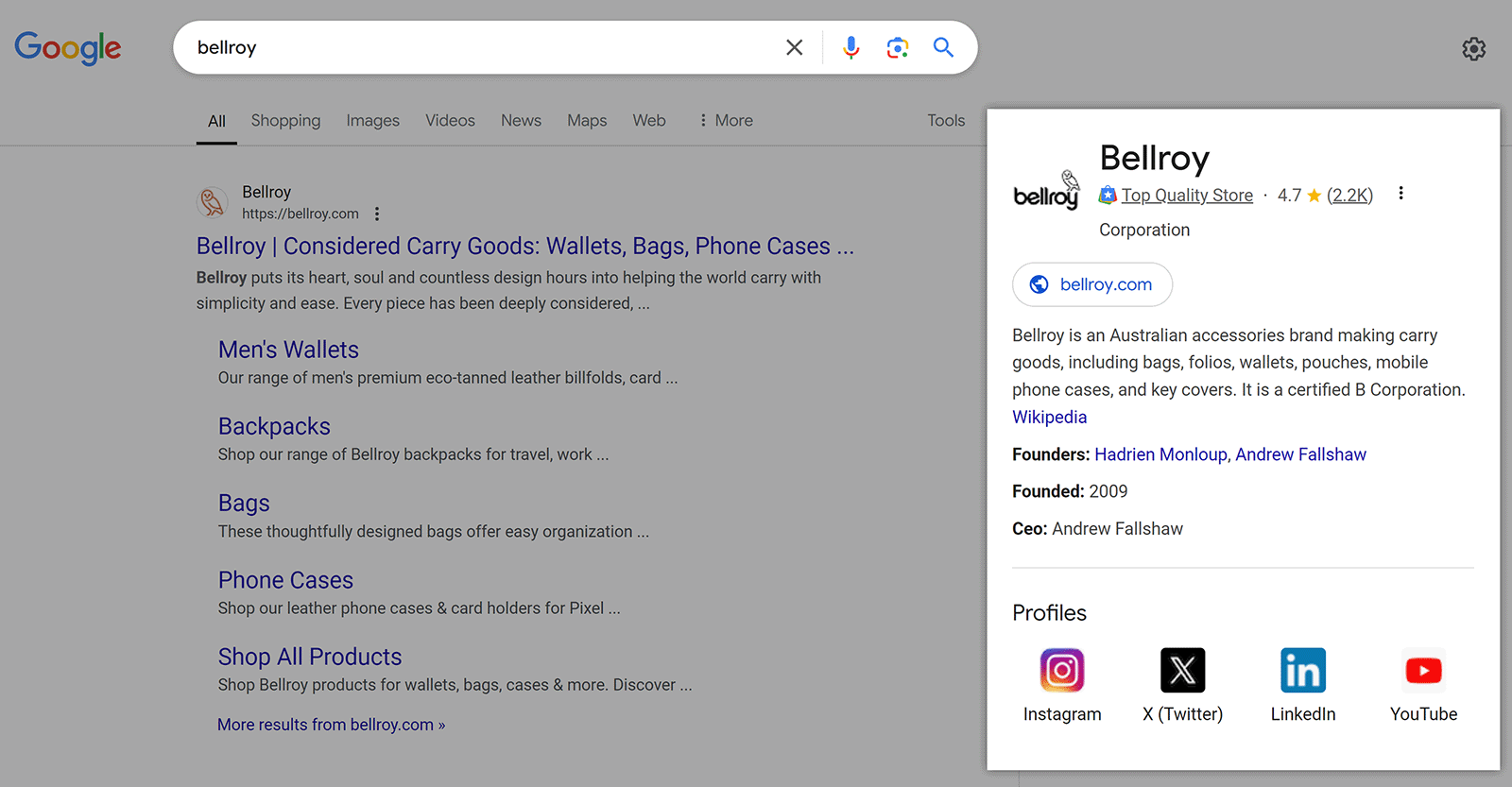 Google SERP for 'bellroy' showing Bellroy Knowledge Panel