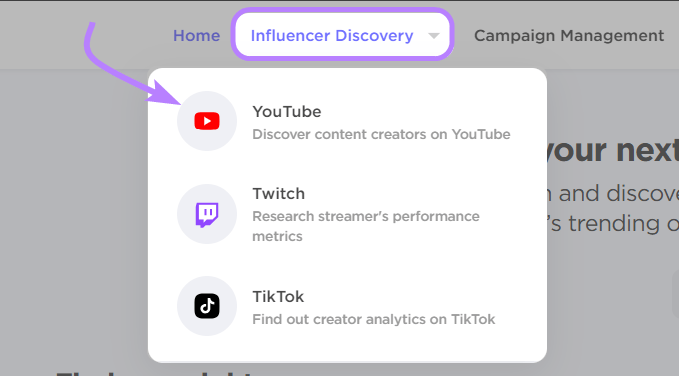 “YouTube” selected from the “Influencer Discovery” drop-down