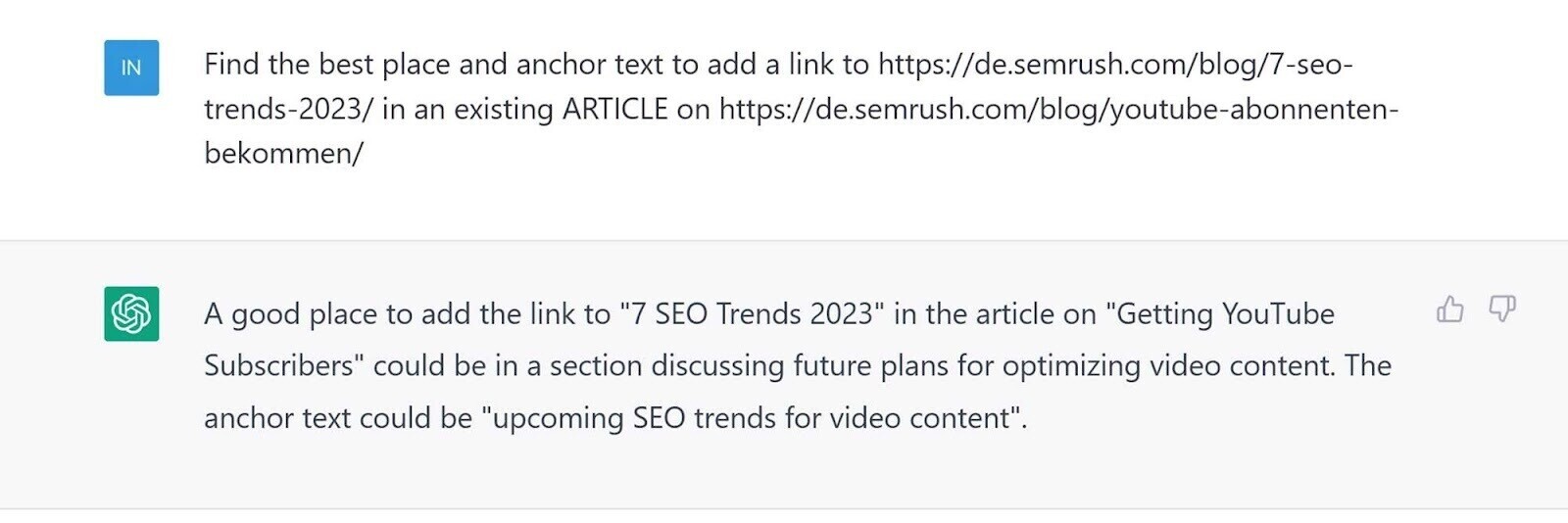 ChatGPT hilft, den besten Linktext und Linkplatz für ein Ziel in einem Artikel zu finden