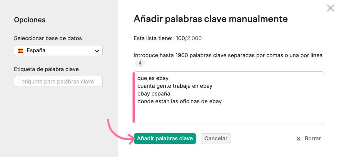 Añadir palabras clave manualmente en el Keyword Strategy Builder