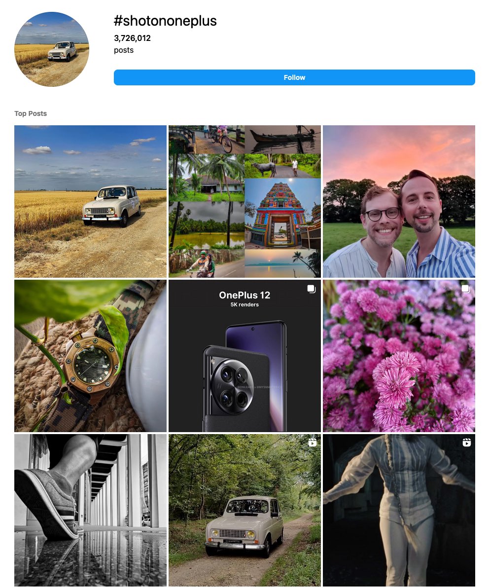 Instagram page with posts using #ShotOnOnePlus hashtag