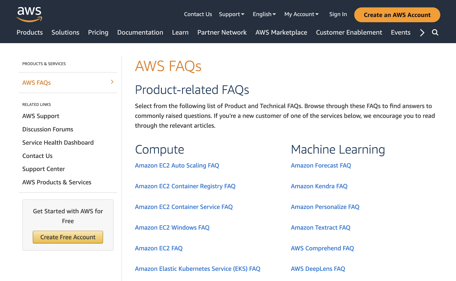 Amazon AWS faq leafage   illustration  with links to each   idiosyncratic  product's faq page.