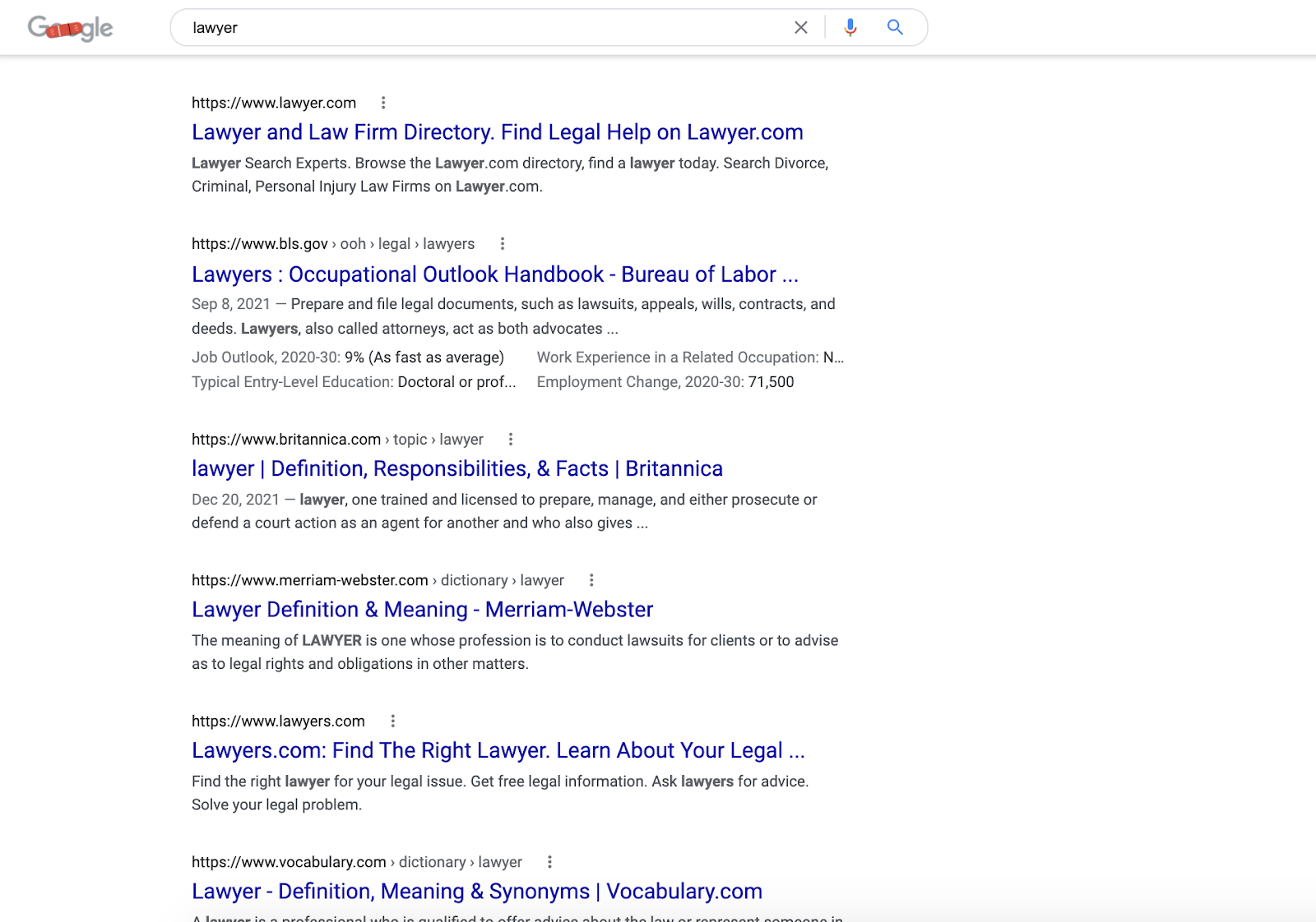screenshot of the google search results for lawyer