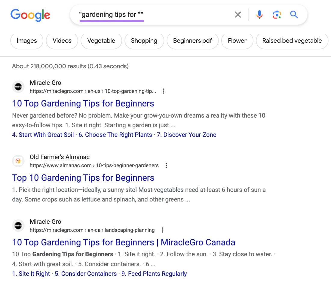 Google's SERP for “gardening tips for *”
