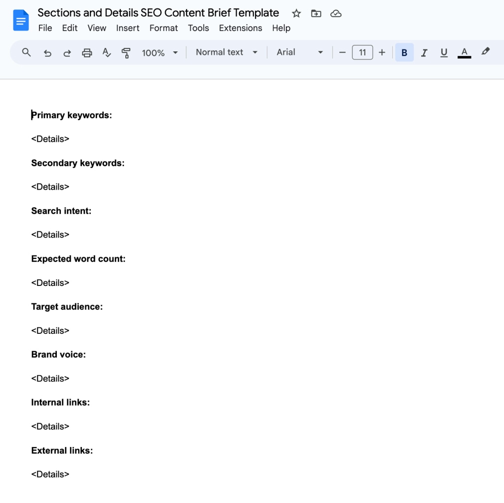 Sections and details of SEO content brief template in Google Doc