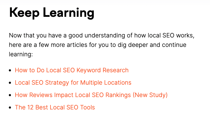 "Keep Learning" conception  of Semrush's blog, linking to related posts