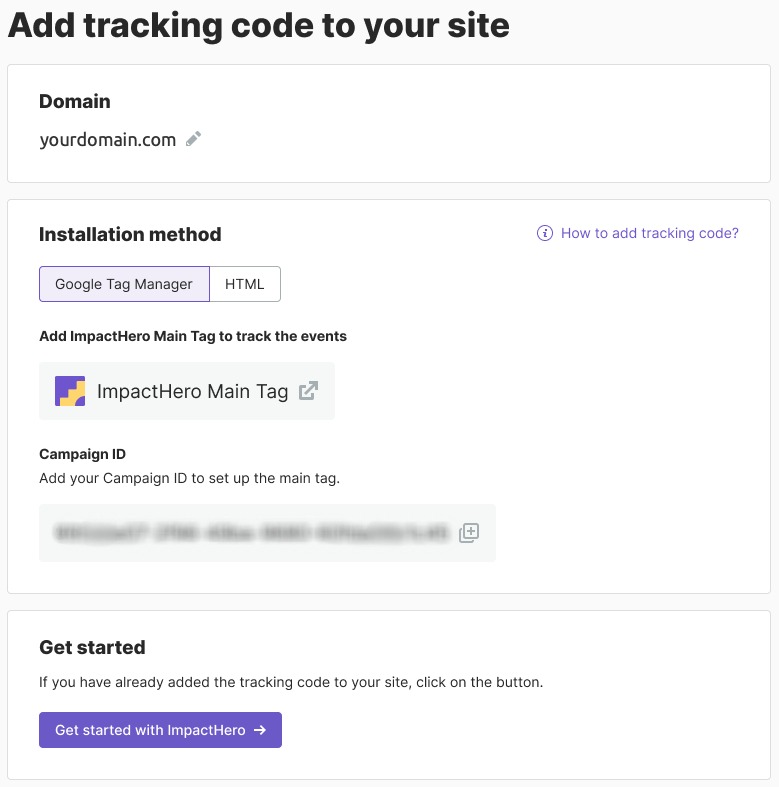 "Add tracking code to your site" window in ImpactHero Setup