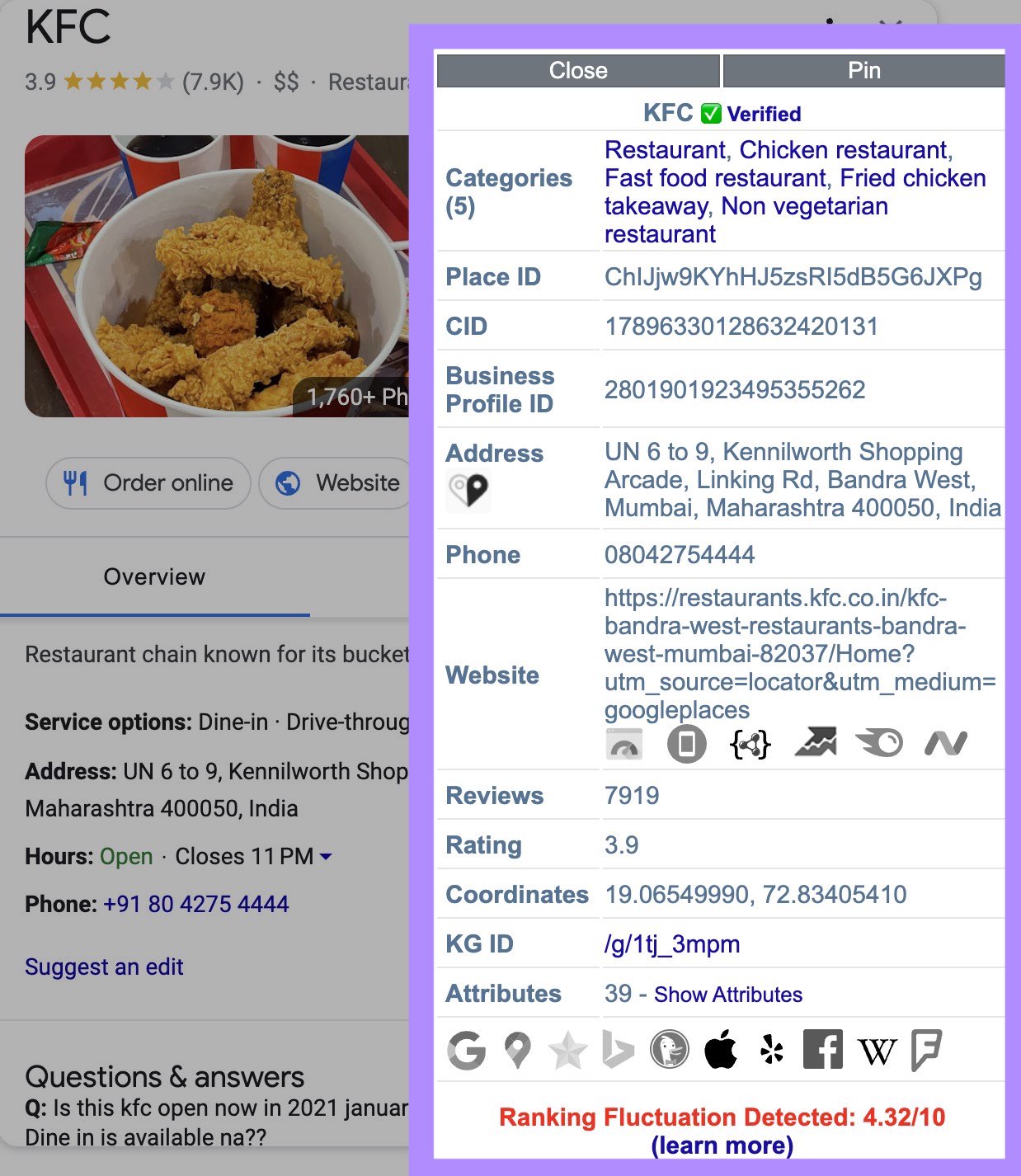 KFC's detailed stats shown with PlePer Local SEO Tools extension
