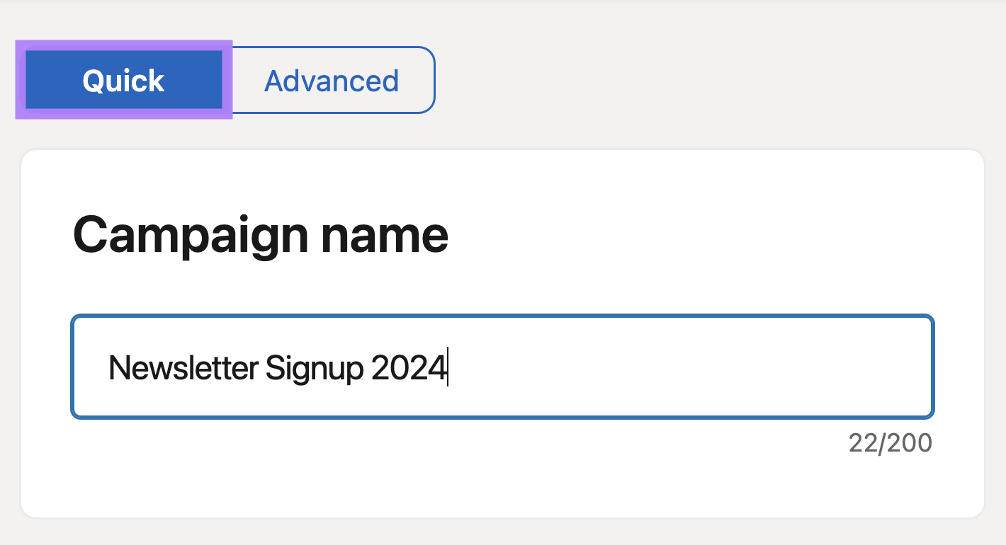 LinkedIn quick campaign name 'Newsletter Signup 2024'