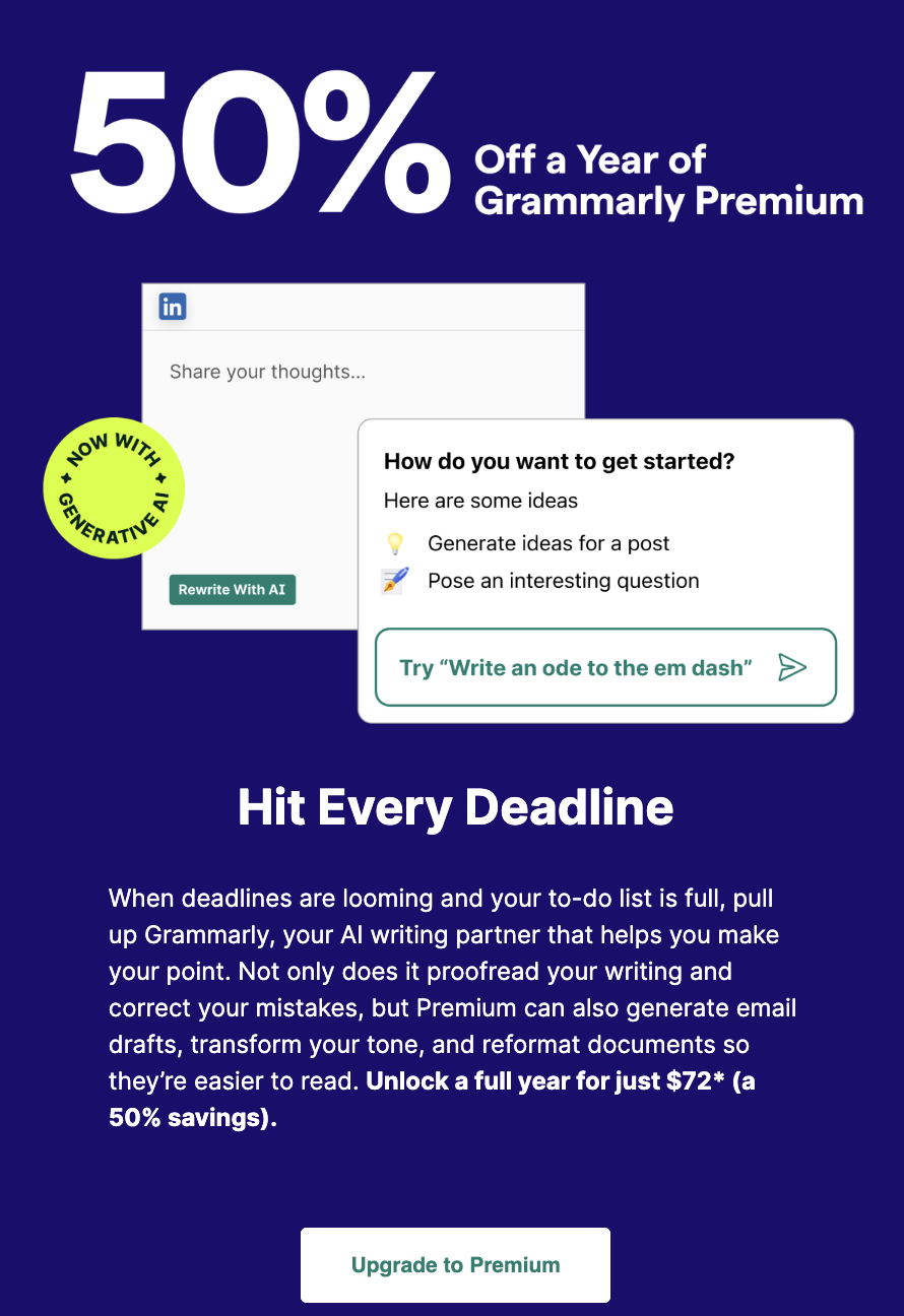 grammarly promotes a 50% off a year of grammarly premium with a call to action that says upgrade to premium