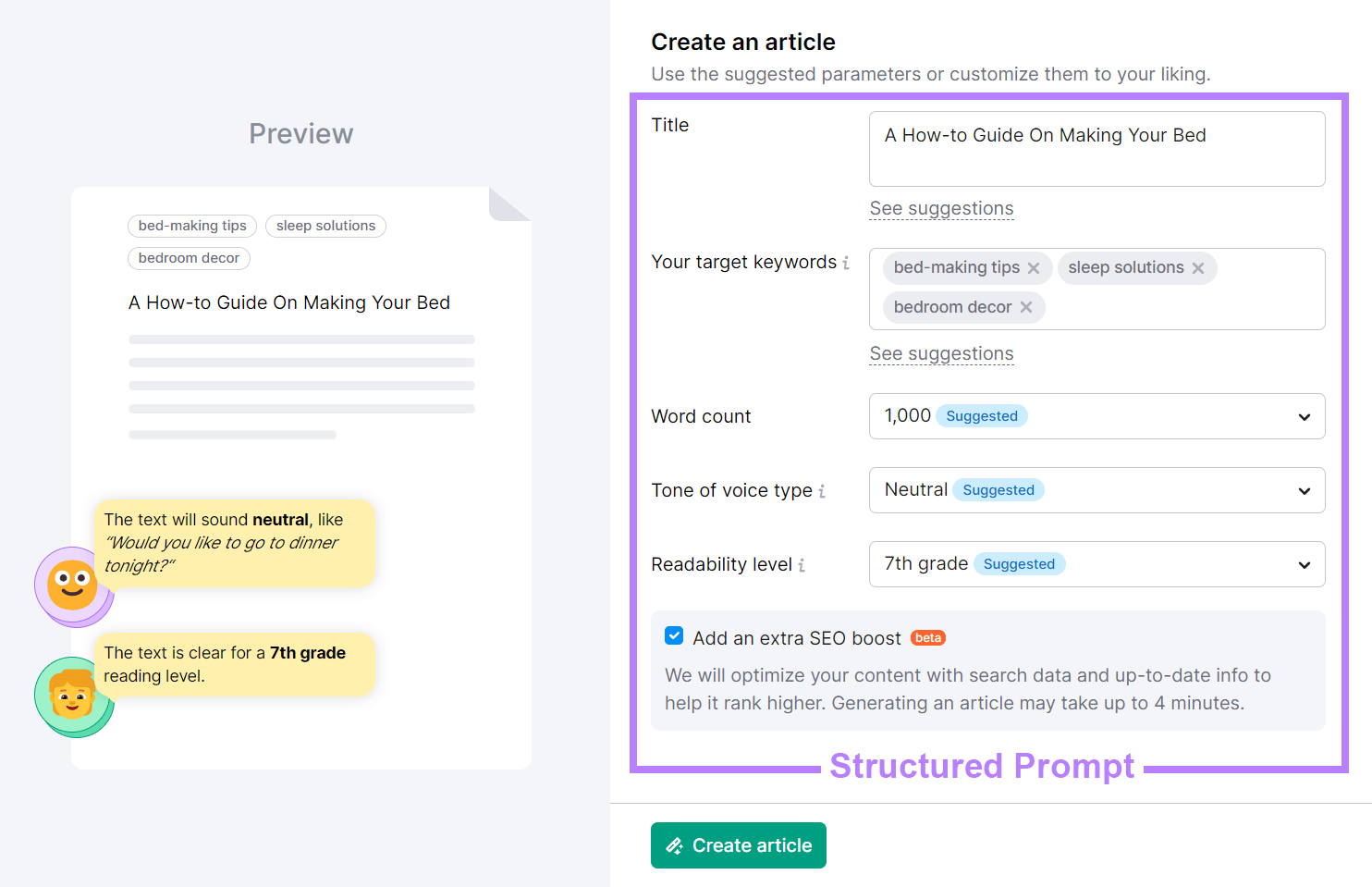ContentShake AI create an article step with Prompts area highlighted and marked as Structure Prompts.
