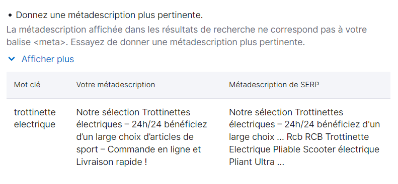 Comparaison de votre meta description et celle qui s'affiche dans la SERP