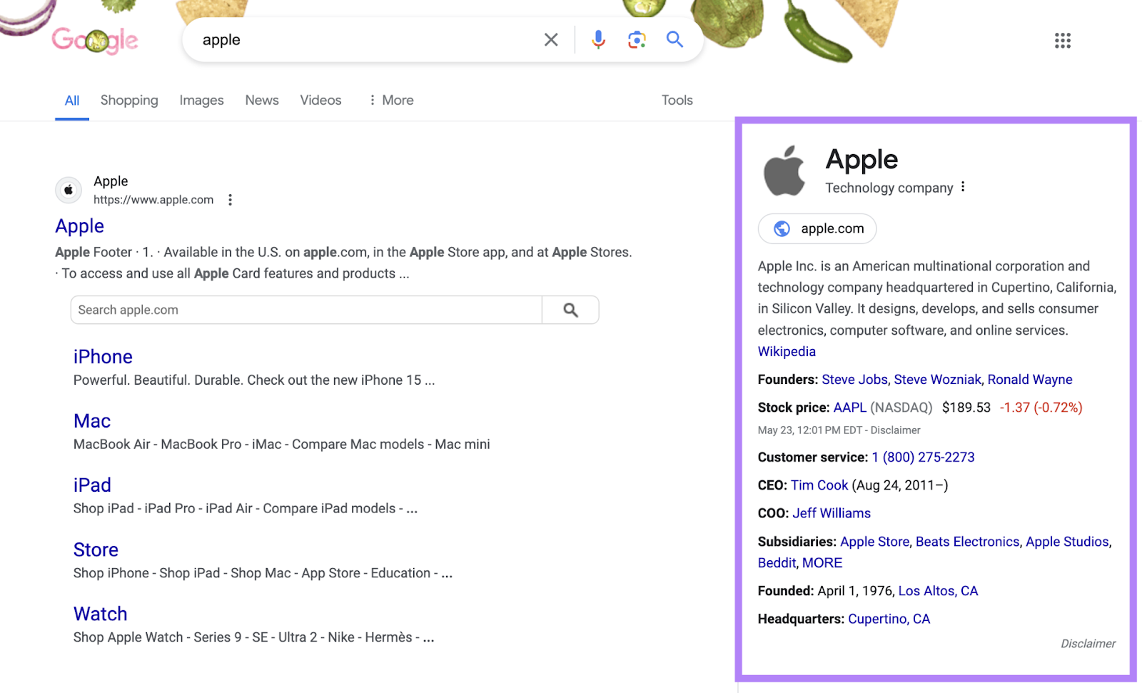 google knowledge panel for apple, the company