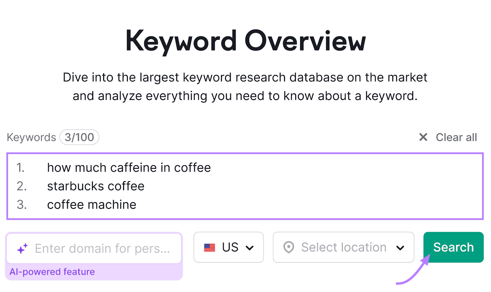 Semrush's Keyword Overview tool interface with three keywords selected and a search button at the bottom right