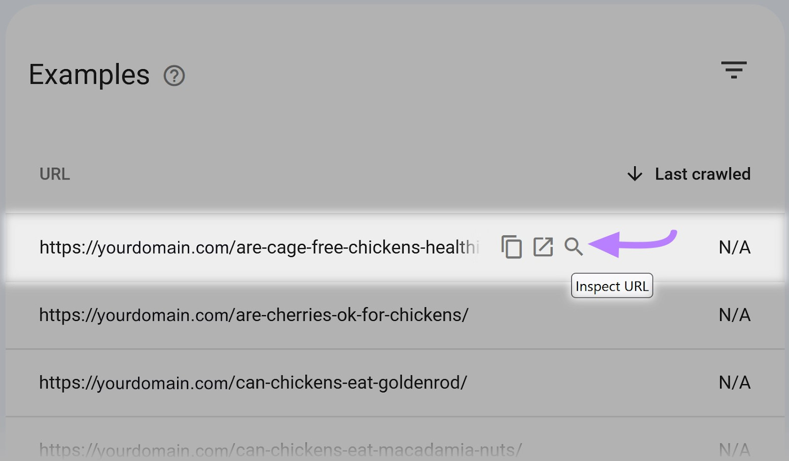 The magnifying glass next to a URL highlighted on the Page Indexing report on Google Search Console.