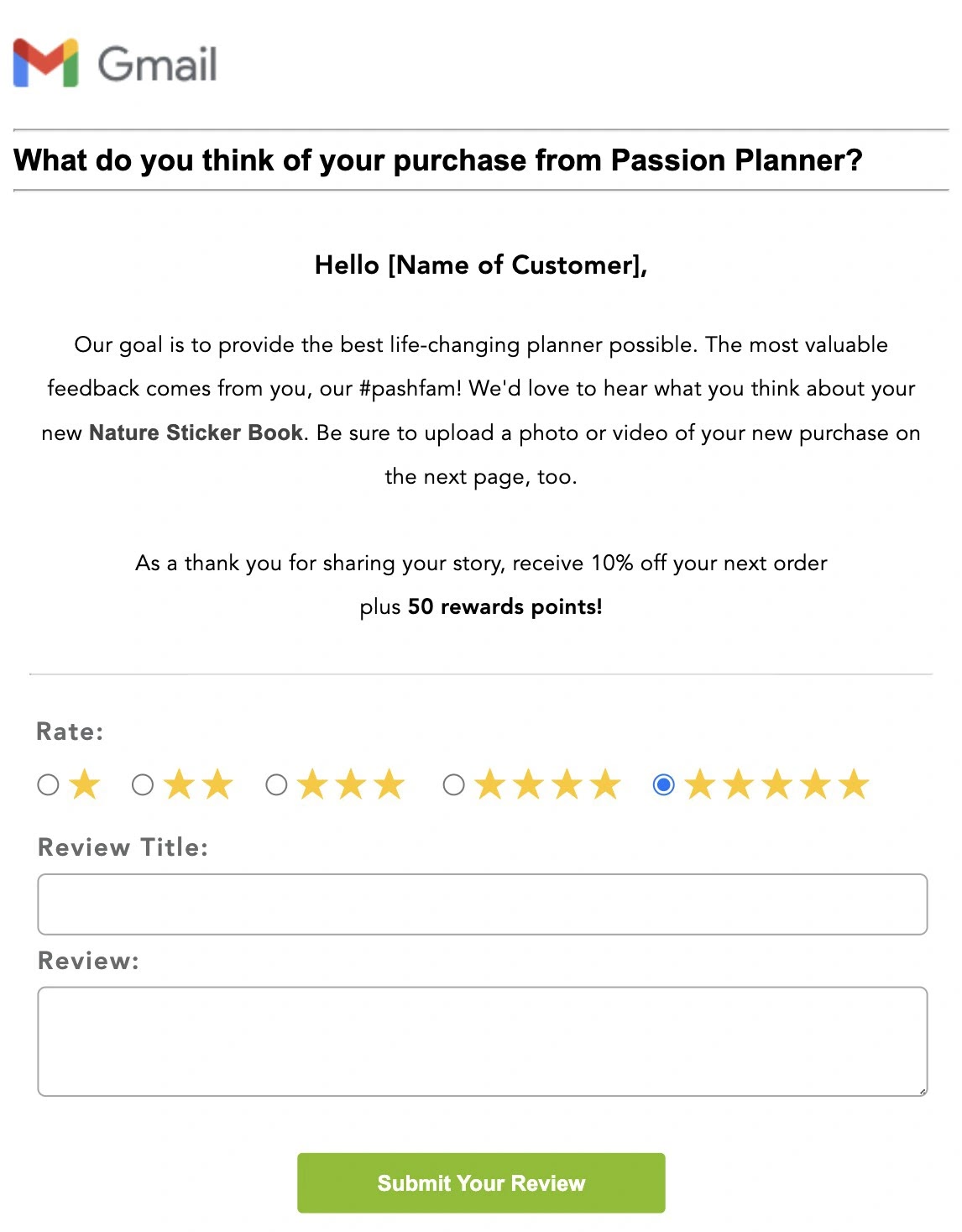 Passion Planner's email asking for a customer review