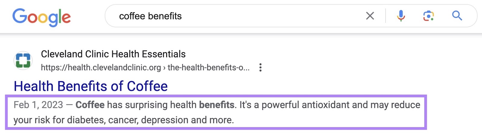 Google SERP result for the term 'coffee benefits' with the meta description highlighted.