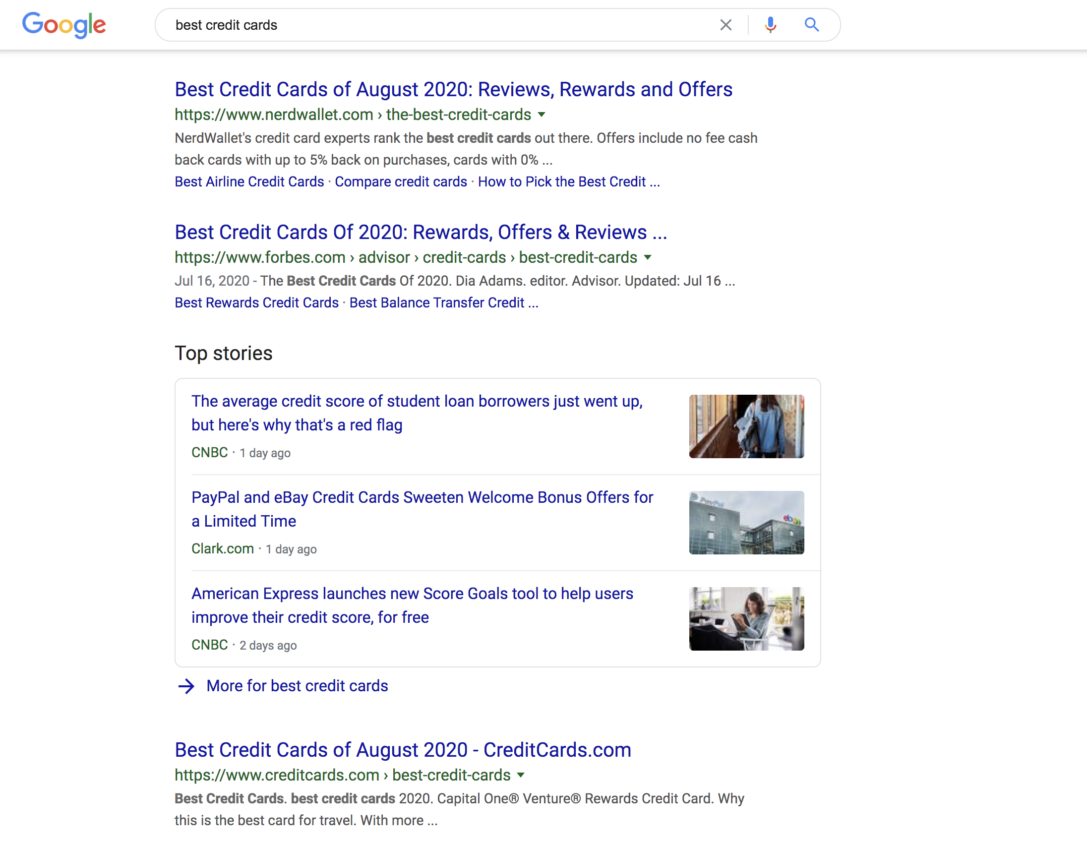 Best Credit Cards SERP result screenshot