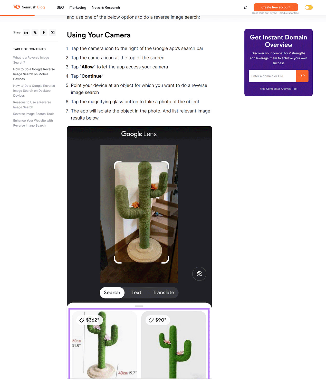 Semrush instructional blog post format with subheading, numbered list, bold text, and image.
