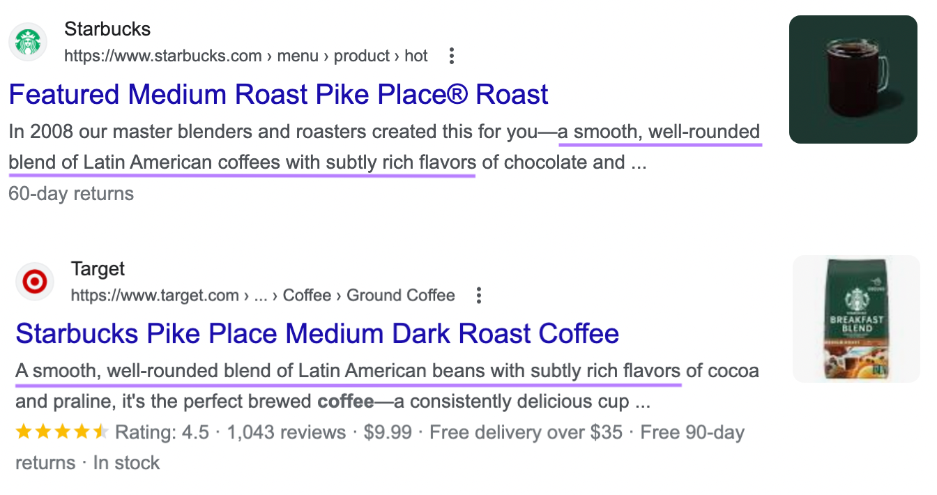 Starbucks coffee blend results on first page of Google