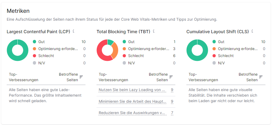 Screenshot: Core Web Vitals im Site Audit