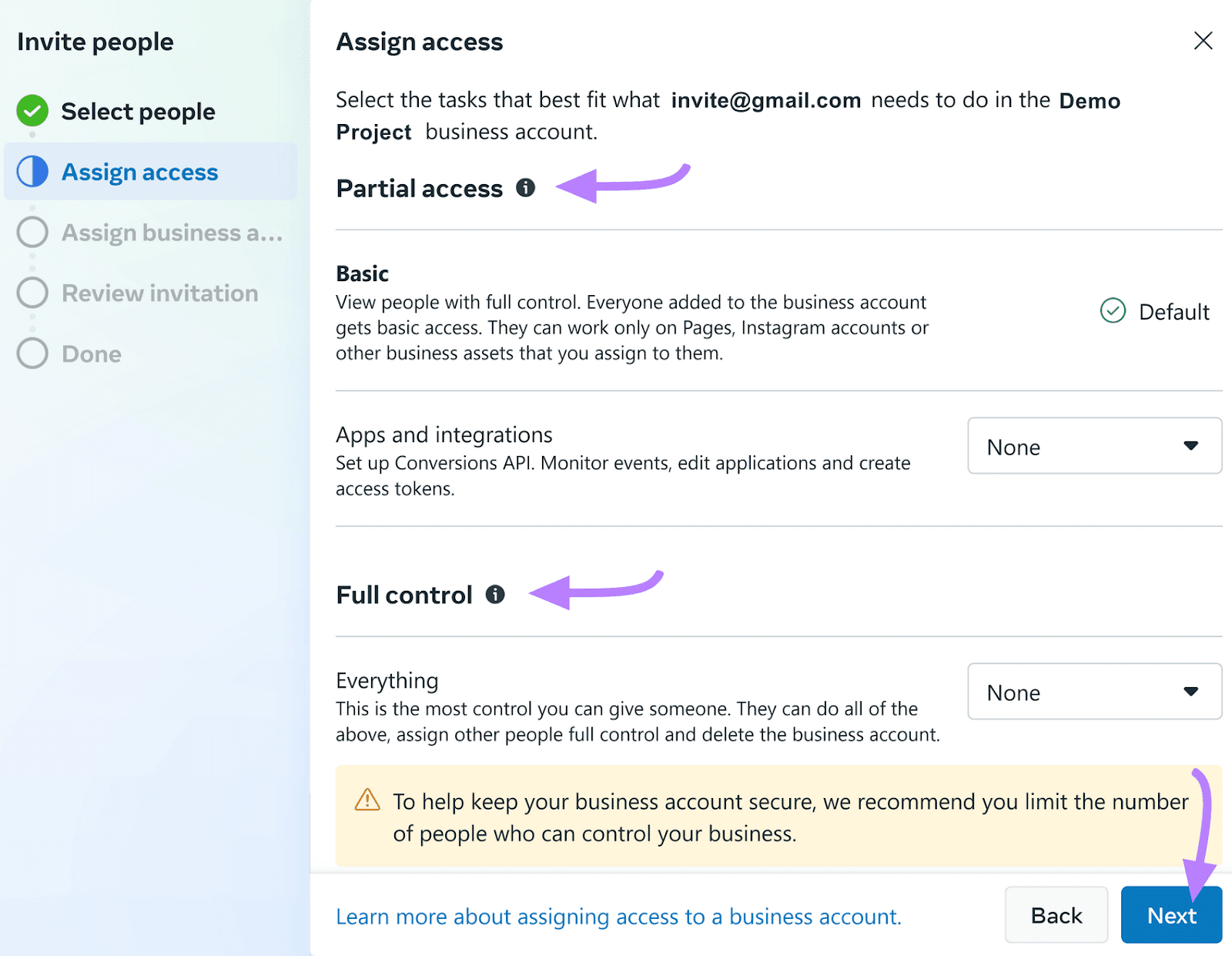 "Partial access," and "Full control" options highlighted under "Assign access" window