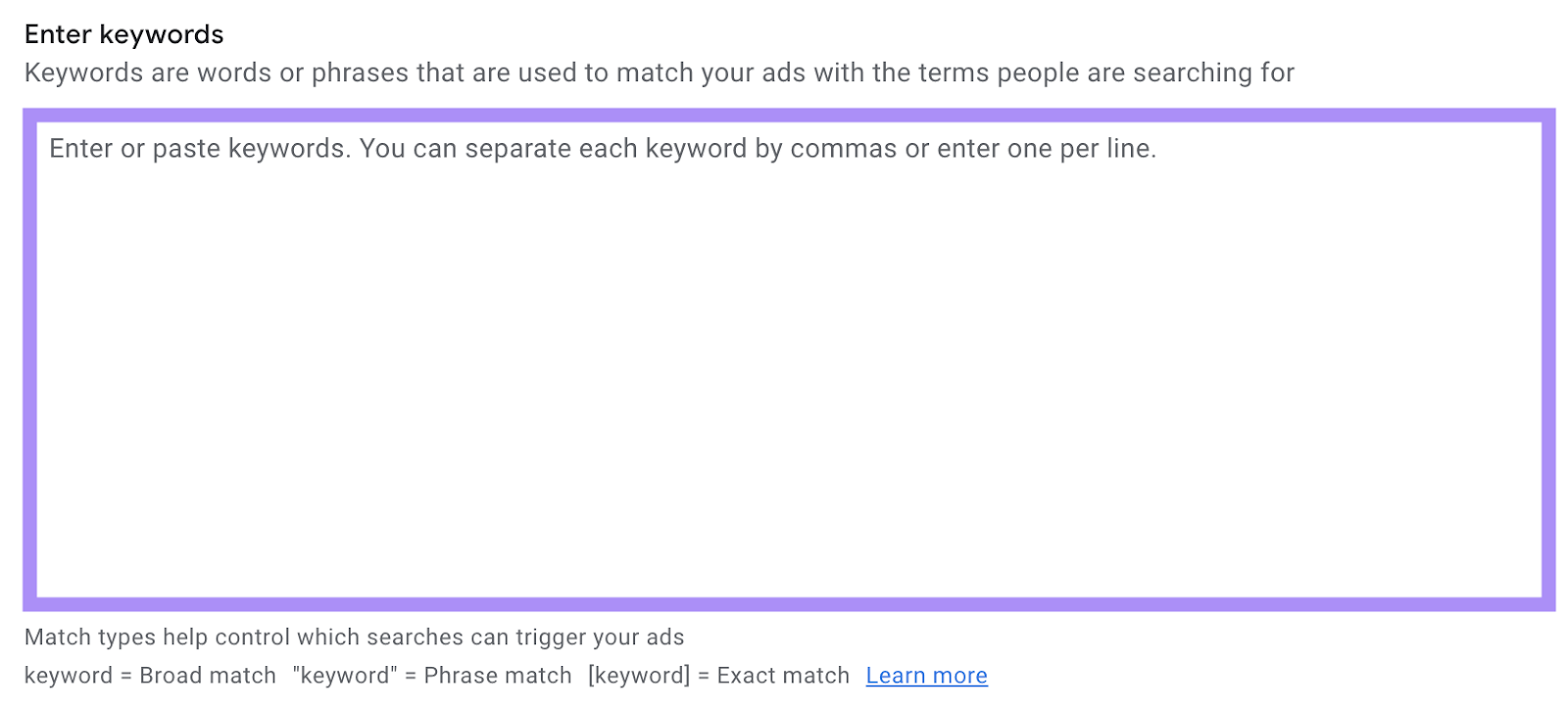 "Enter keywords" box in Google Ads