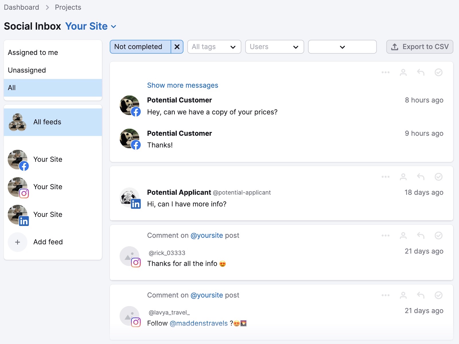 Social Inbox dashboard showing responses to messages and comments across multiple social media platforms.