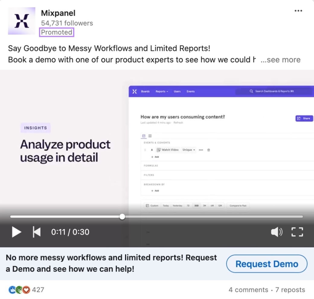 Promoted post on LinkedIn by Mixpanel with a 30-second video and a "Request Demo" call-to-action.