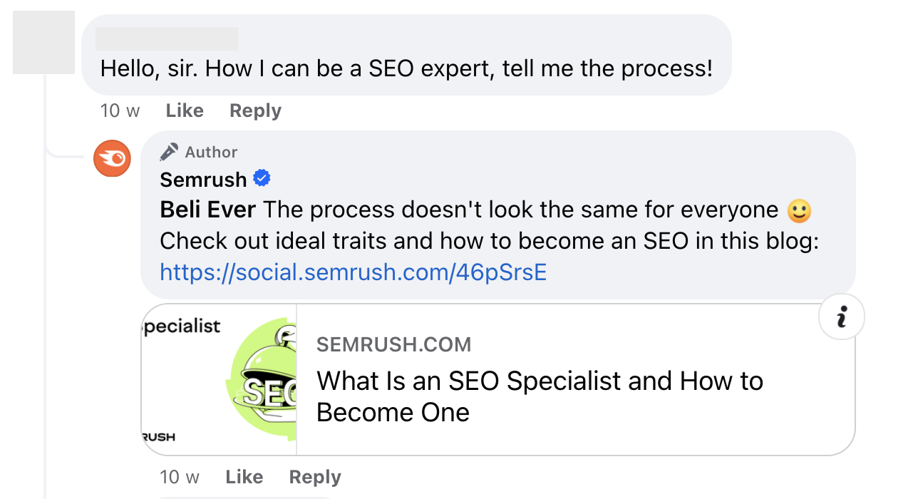 How Semrush responds to comments on Facebook Page