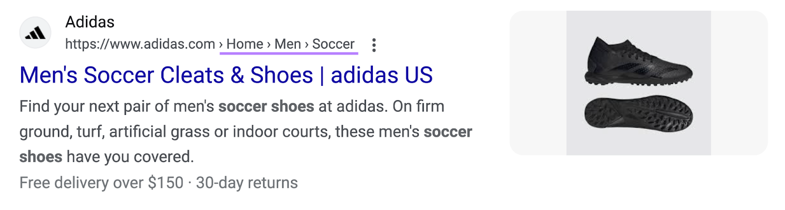A snippet for Adidas page with breadcrumbs on Google SERP