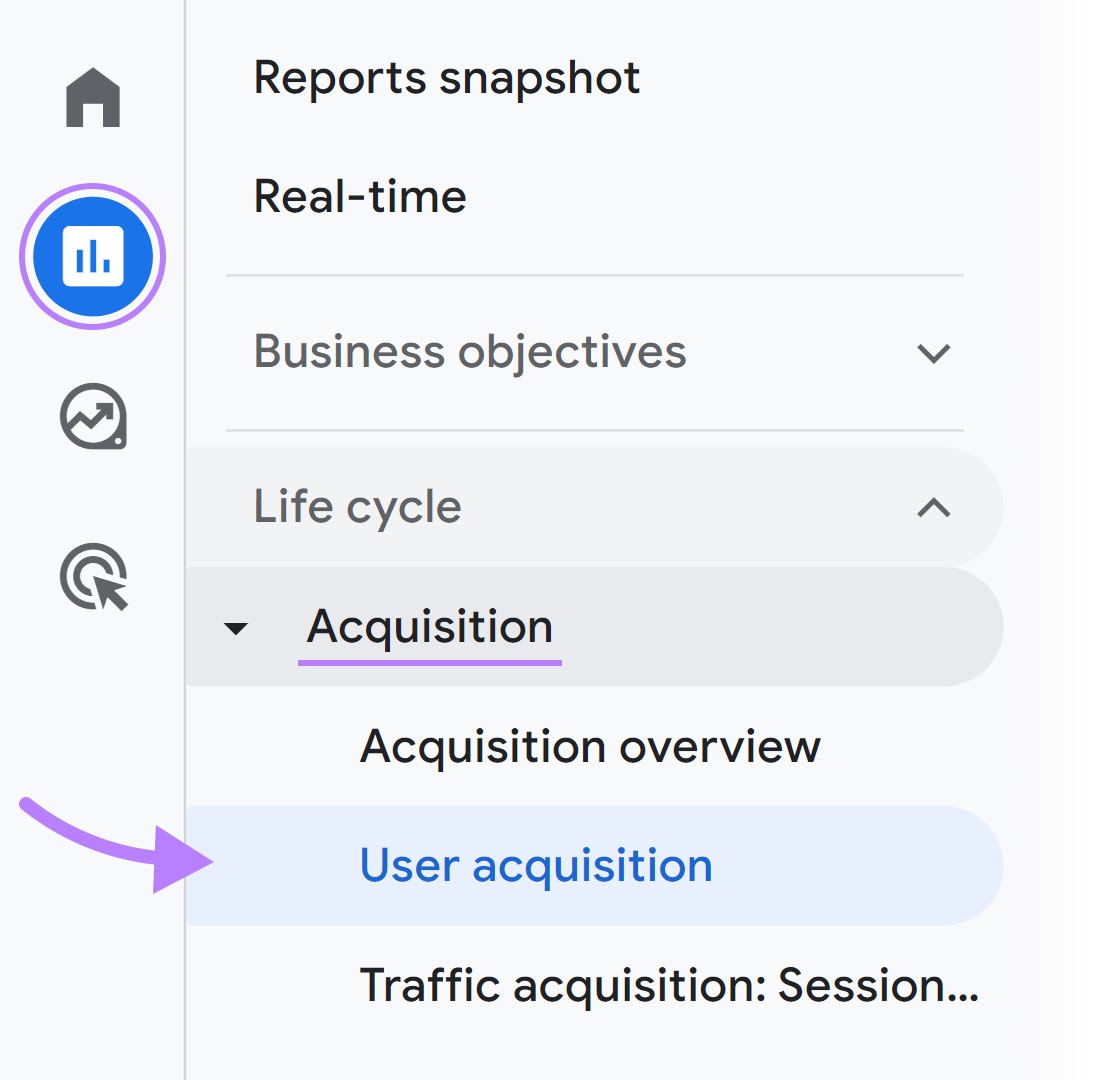 Navigating to “User acquisition” report in GA4 menu