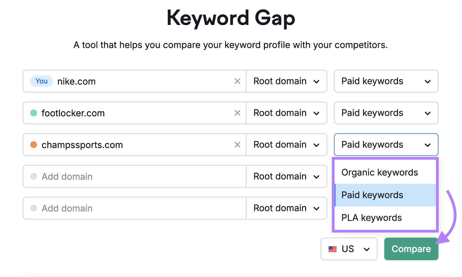 domains entered and paid keywords option chosen