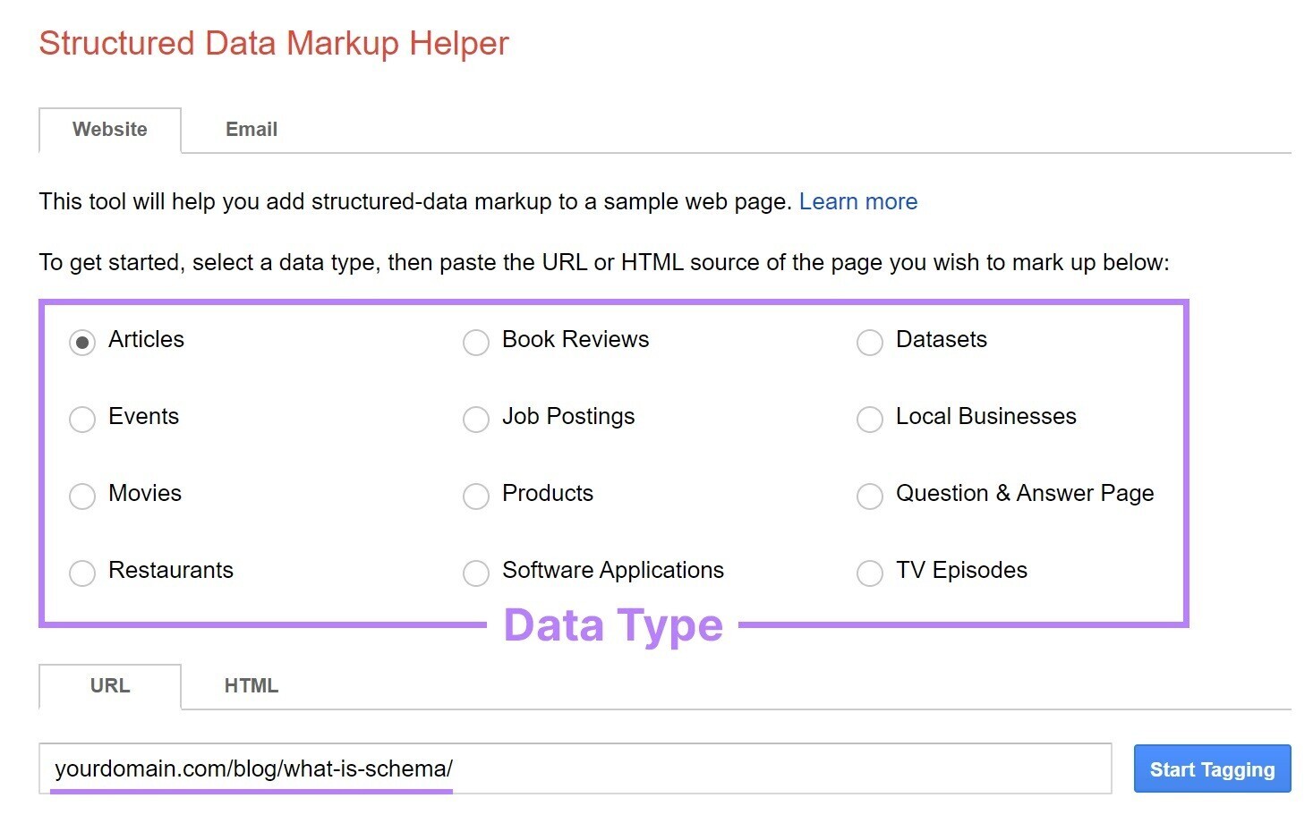 to start, choose the data type in Structured Data Markup Helper